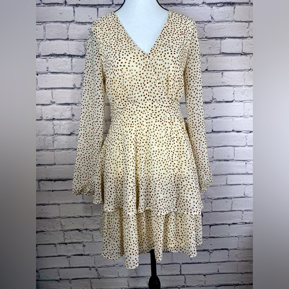 Japna Cream Polka Dot Geometric Boho Balloon Sleeve Dress size Medium